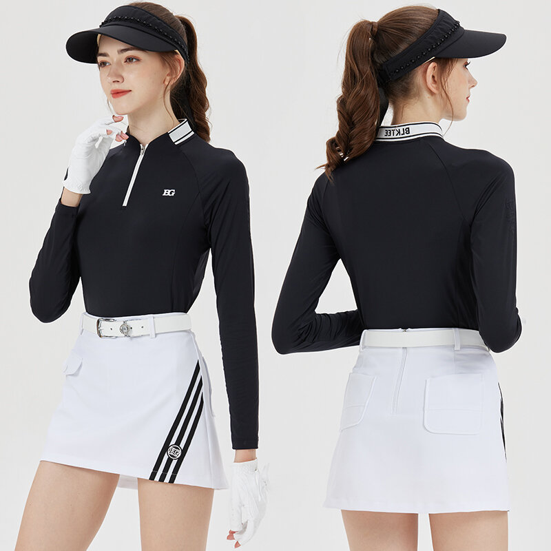 Blktee Women Stripe Pencil Golf Skirt Quick Dry A-line Skorts Ladies Slim Long Sleeve Tops Stand Collar Leisure Shirt Sportswear
