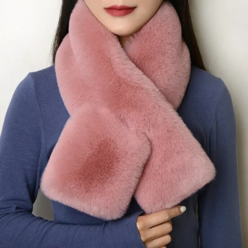 Winter Warm Thicken Scarfs for Women Solid Color Faux Rabbit Fur Plush Cross Collar Scarf Shawl Elegant Warm Soft Neck Scarf