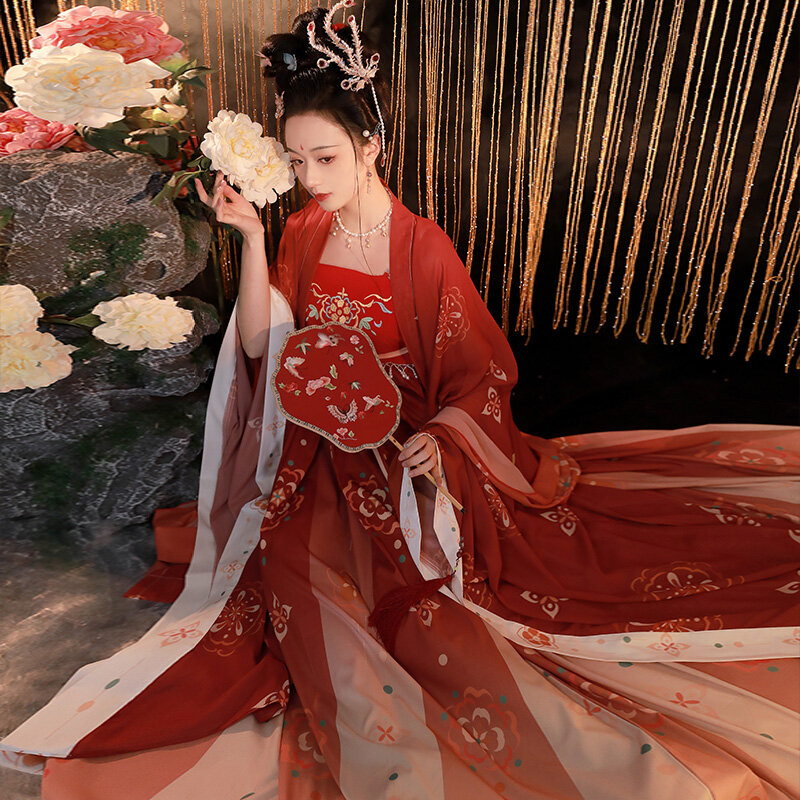 Gaun Dinasti Tang Hanfu Asli Gaya Tiongkok Tradisional Pakaian Panggung Bordir Bunga Elegan Wanita Setelan Permaisuri