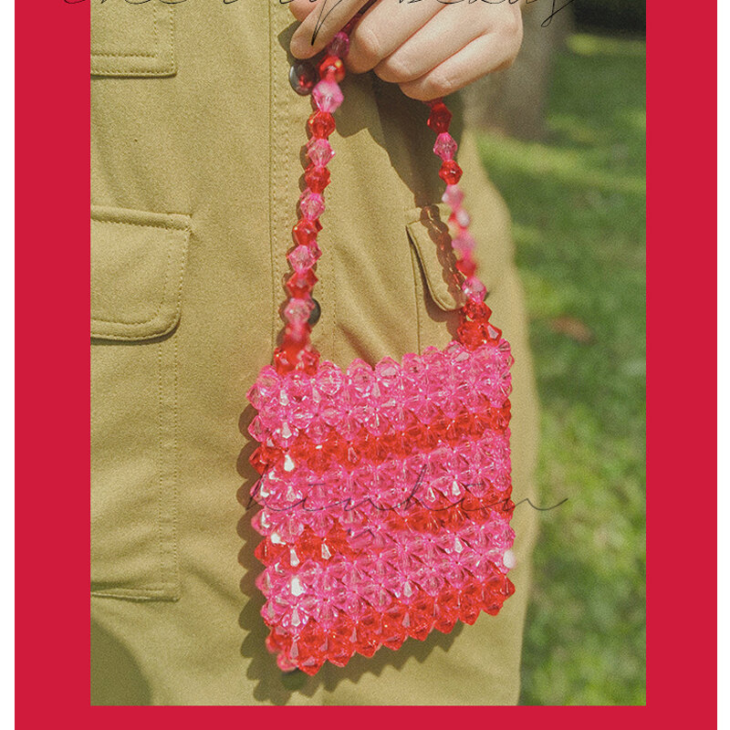 Cor de cereja saco transparente bonito artesanal frisado próprio designer bolsa acrílico mão-tecido frisado cristal pérola clara bolsas
