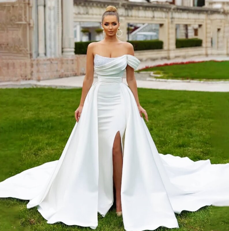 Gaun pengantin yang indah gaun pengantin dengan kereta yang bisa dilepas untuk wanita tanpa tali putri duyung Satin panjang menyentuh lantai gaun pengantin gaun Prom