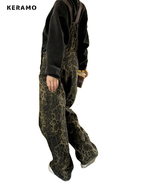 Calças soltas com estampa leopardo vintage para mulheres, bolsos casuais, macacão sem mangas, macacão jeans, estilo retrô, Y2K, verão, 2024