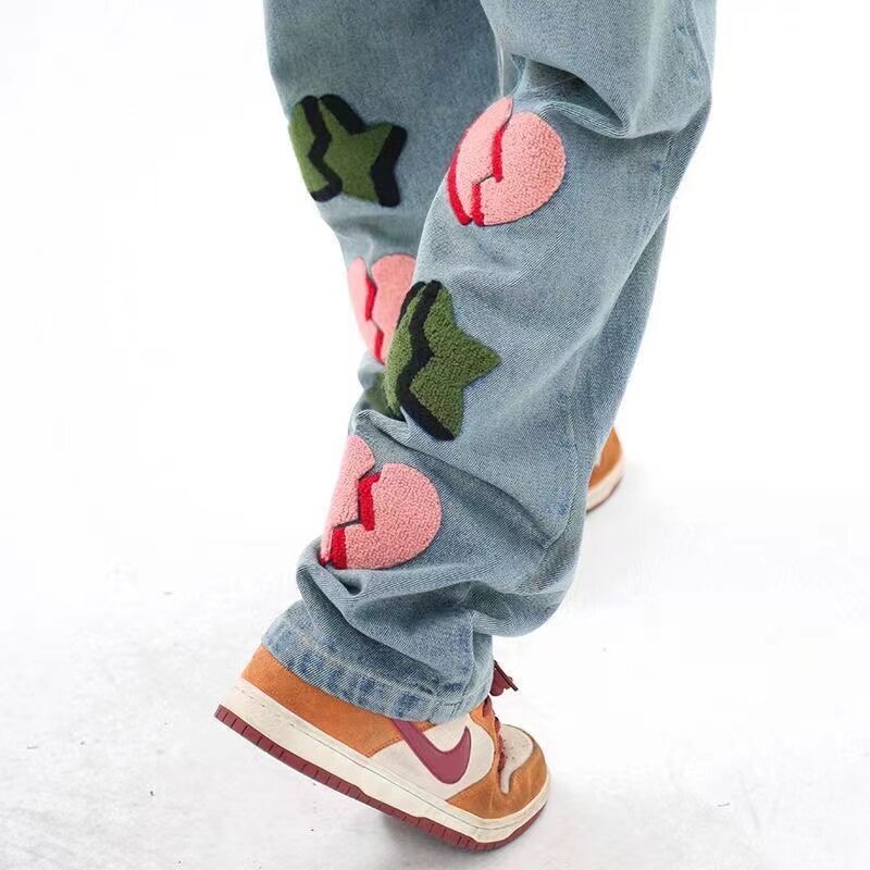 Мужские прямые джинсы кофейного цвета, с леопардовым принтом и цветочной вышивкой, уличные брюки с широкими штанинами для осени, 2022