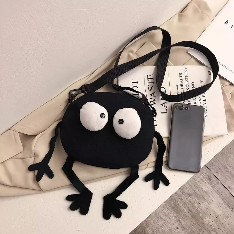 Korean Designer Funny Small Canvas Bags New Fashion Kids Girls Black Round Shoulder Bags Cross Body Bags Storege Pouches