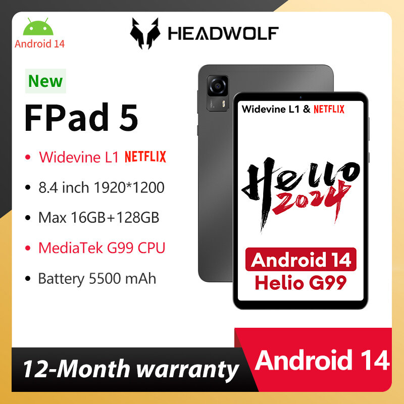 Headwolf FPad5 안드로이드 14 태블릿 PC, 8.4 인치, 8GB + 8GB 램, 128GB UFS2.1 옥타코어 G99, 5500 mAh 지지대 WideVine L1