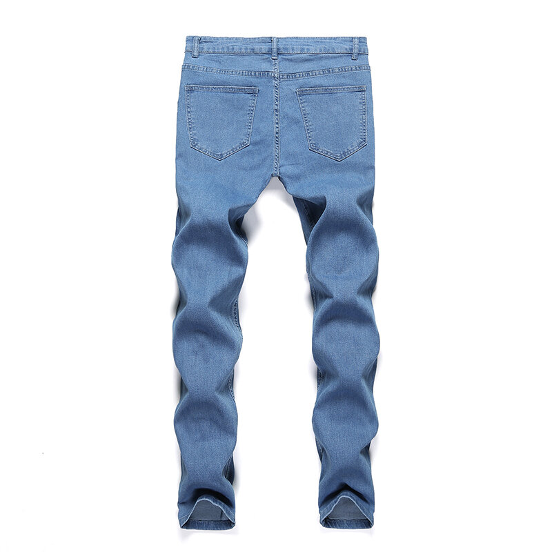 Męskie jeansy Slim Fit elastyczne spodnie ołówkowe młodzieżowe jeansy męskie codzienne podróże cztery pory roku niebieskie męskie spodnie z zamkiem Casual Fashion Men