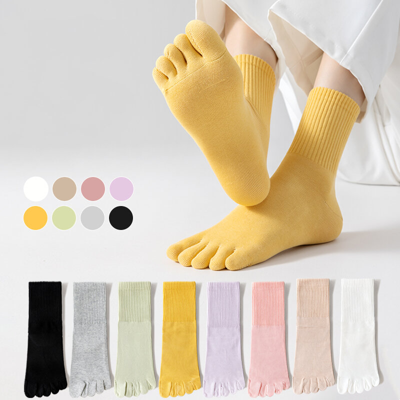 Calcetines tobilleros de algodón suave para mujer, calcetín de cinco dedos, elástico, transpirable, Color sólido, 1 par
