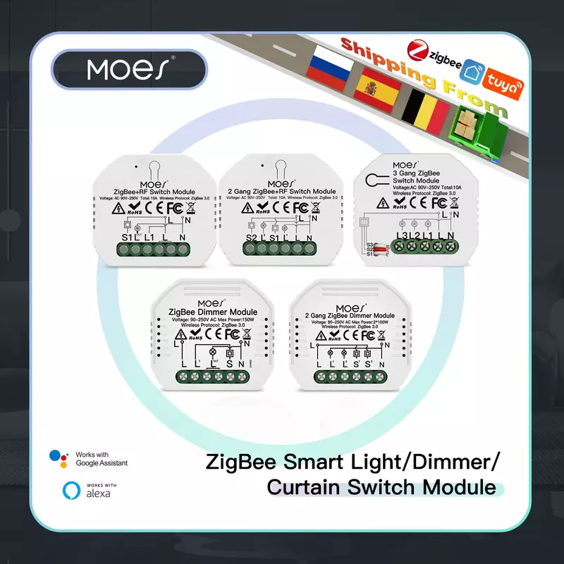 Умный светильник ель света MOES Tuya ZigBee 3,0, релейный модуль 1/2/3 Gang Smart Life/Tuya App Control, работает с Alexa Google Home Яндекс