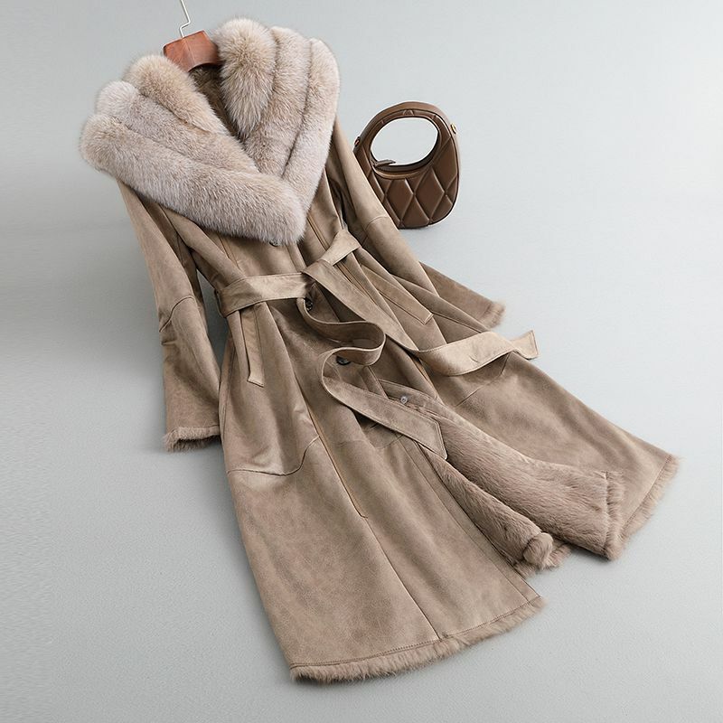 統合された女性のための本革のウサギの毛皮のコート,長い膝のコート,大きなキツネの毛皮の襟,スリムフィット,新しい2023