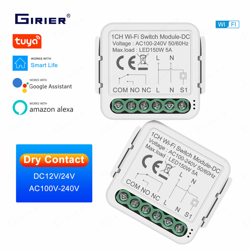 GIRIER-Módulo de interruptor WiFi de contacto seco, relé de interruptor de bricolaje para hogar inteligente, cc 12/24V, CA 100-240V, compatible con asistente de Google Home Alexa, 5A