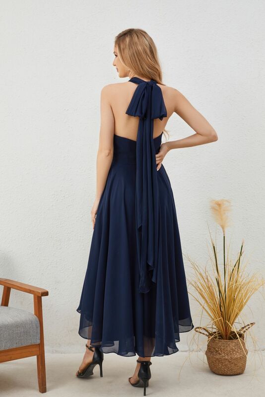 فستان زفاف طويل ، أزرق على شكل حرف A ، قابل للتحويل ، فستان الأم اللانهاية ، طول الشاي الرسمي ، كتف واحد ، شيفون متعدد الطرق