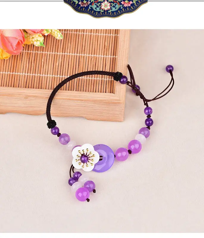 Jade Stone Jadeite Emerald Flower Anklets Charm Jewellery Fashion Accessories Chinese Carved Amulet Gifts for Women Men Purple