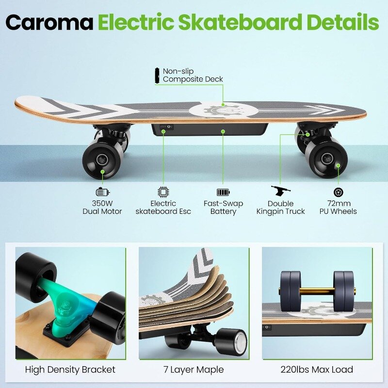 Skateboard elettrici CAROMA 350W per adulti adolescenti, Longboard elettrico in acero a 7 strati da 27.5 "con telecomando, velocità massima di 12.4 MPH