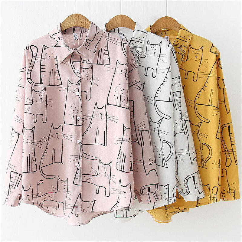 Cartoon Cat Pink Casual Blouses for Work Chic Korean Style Women Top Long Sleeve Office Shirts Camisas Y Blusas Chemise Femme