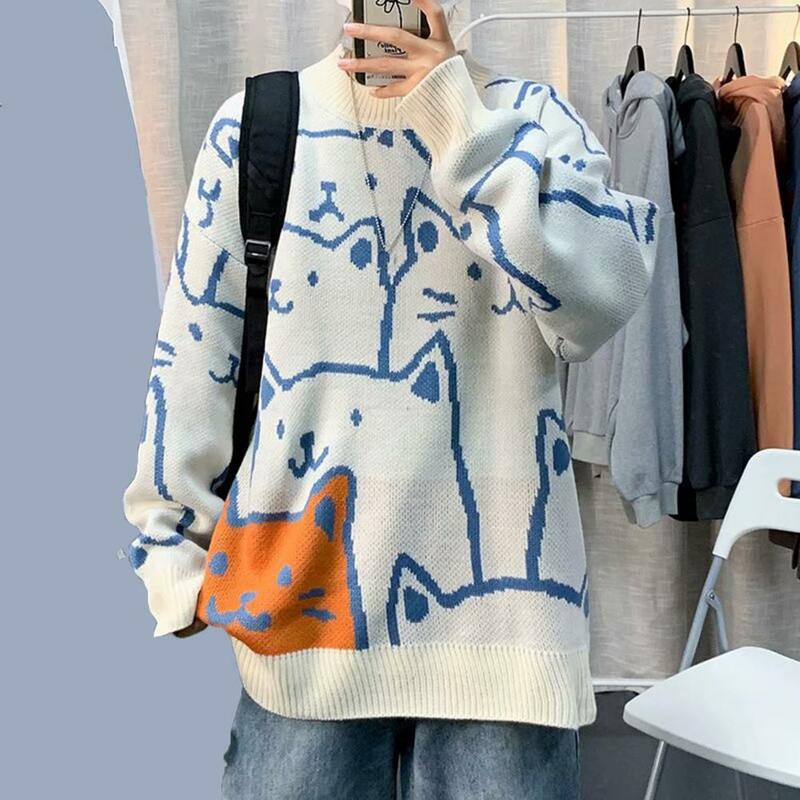 Long Sleeve Men Sweater Japanese Retro Harajuku Cartoon Cat Knitted Sweater Oversized Men's Winter Pullover Tops with Vintage