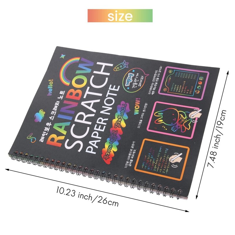 Grande Magic Color Rainbow Scratch Paper Note Book, Brinquedos de desenho DIY preto, Raspagem Pintura Kid Doodle, 19X26cm