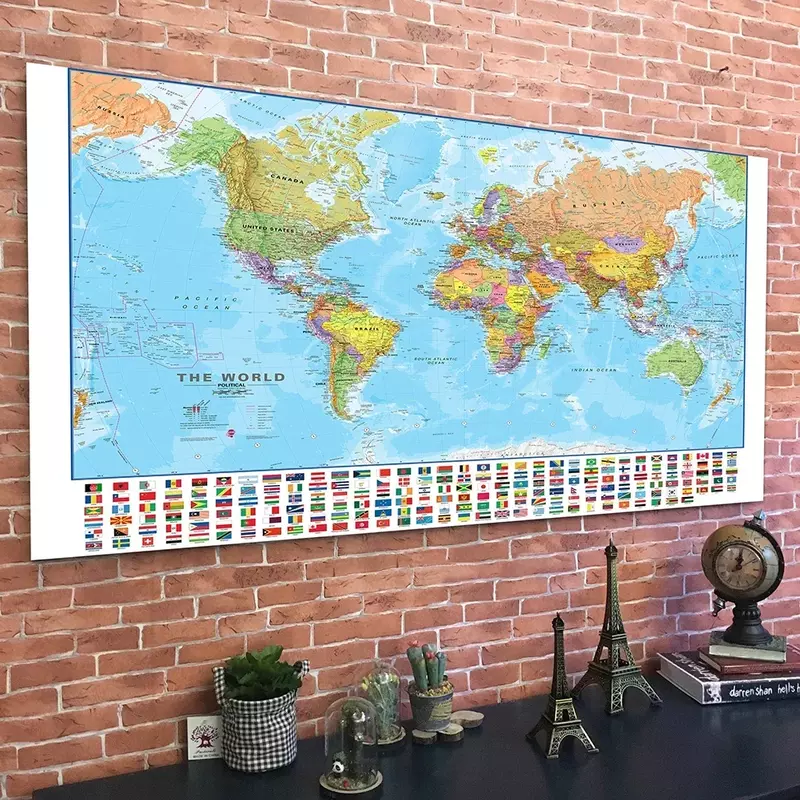 Mapa do mundo com a bandeira do país, pintura não-tecidos, Wall Art Poster, decoração de escritório, escola e suprimentos de viagem