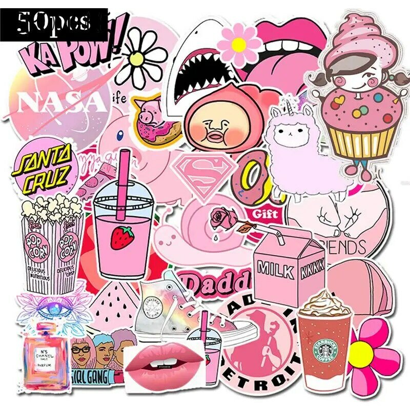 50Pcs PVC Girls Kawaii Pink Fun Sticker Toys Luggage Stickers for Suitcase & Motor Car Fashion Laptop Decals Stickers F5