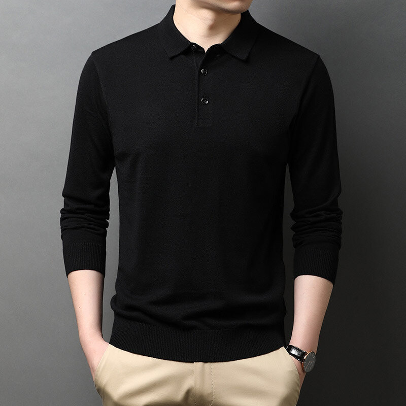 High Quality Men's Woollen Polo Shirt Winter Fall Fashion Long Sleeve Thin Soft Cozy Casual Sweater Bottoming Pullover Tops Male