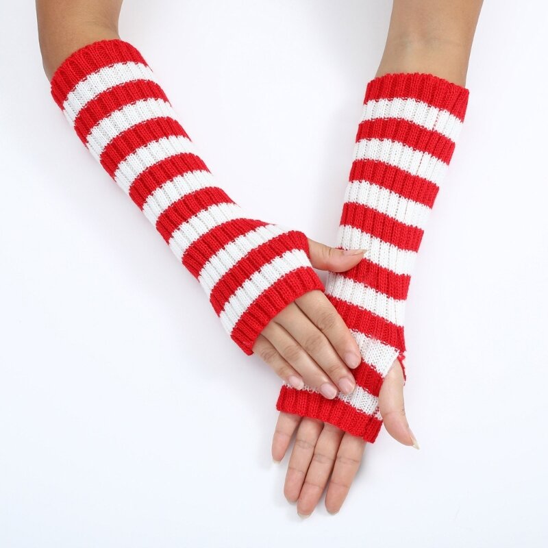 Teenagers Winter Half Finger Mitten Stripe Pattern Knit Keep Warm Lengthen Wrist