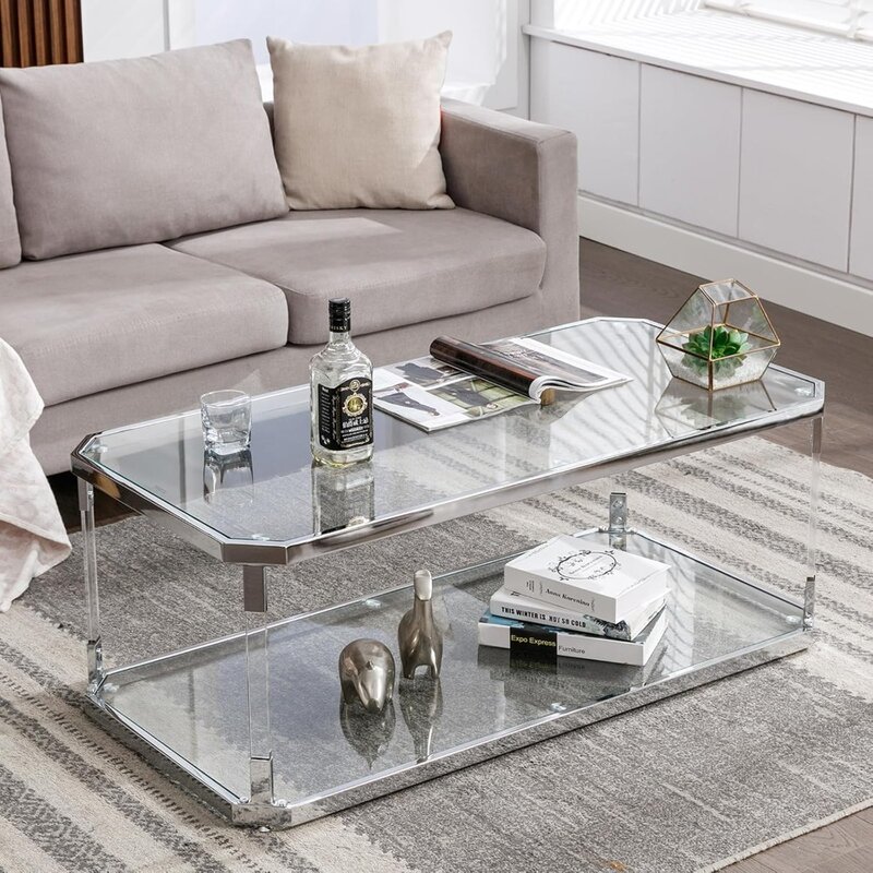 Sliver Rectangle Coffee Table Glass Top with 2 Tiers Acrylic Leg Chrome Frame, Modern Center Table for Living Room