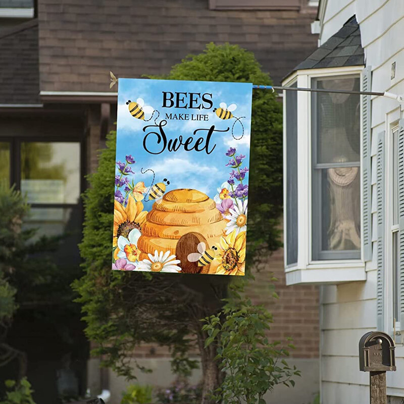 1ดอกทานตะวันหลากสีสำหรับฤดูร้อนแตงโมผึ้งแคระธงลายสวนพิมพ์สองด้านไม่รวมเสาธง