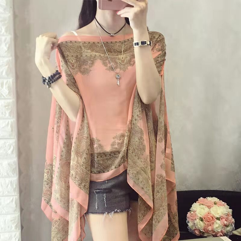 Women Scarf Shawl Summer Beach Bikini Cover Up Loose Chiffon Blouse Shawl Scarf with Buttons Sunscreen Comfortable Cover-Ups