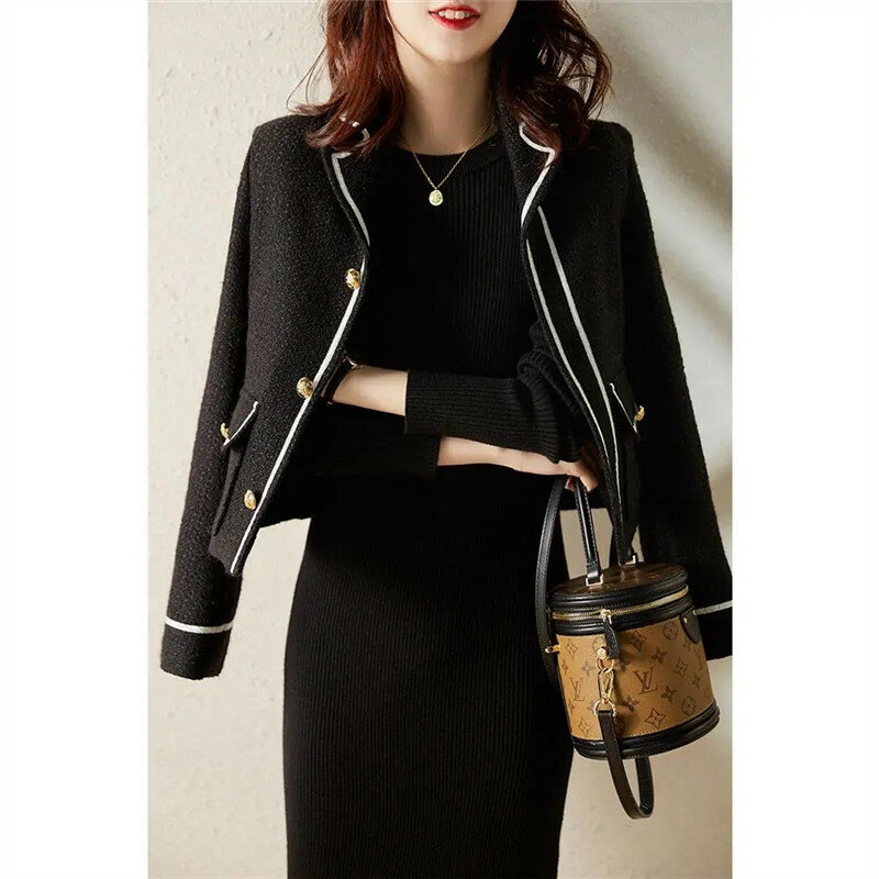 Mode Korea Streetwear Jaket Wol Mantel Wanita Lengan Panjang Pakaian Luar Antik Perempuan Atasan Pendek Wol 2023 Musim Gugur Musim Dingin Baru