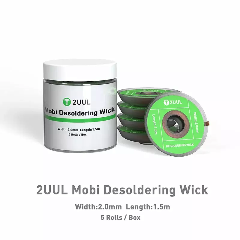 2UUL DW01 mecha desoldadora Mobi para reparación de placa base de teléfono móvil, herramientas de reparación de cinta de estaño de soldadura PCB, 2,0mm, 1,5 m, 5 rollos por caja