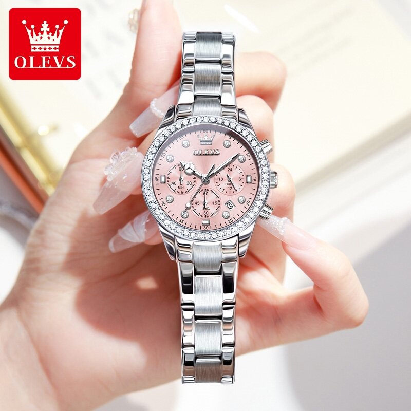 OLEVS-Reloj de pulsera de cuarzo para mujer, cronógrafo Original de lujo con correa inoxidable, luminoso, resistente al agua, con fecha automática, diamante
