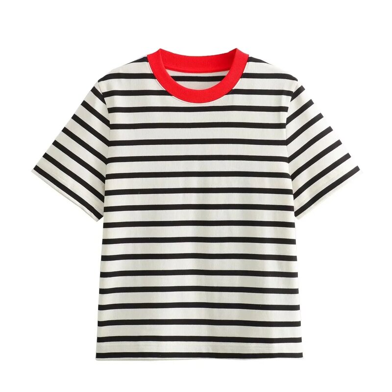 Jersey de manga corta con cuello redondo para mujer, camiseta informal a rayas, Top versátil de verano, 2024