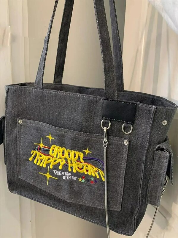Bolso de mano de lona lavada con letras bordadas para mujer, bolso de mano Vintage Retro portátil, bolso de hombro de alta capacidad para las axilas, bolso de compras
