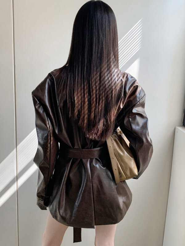 JNMC 2024 женская кожаная куртка со шнуровкой на талии, термоусадочный Байкерский костюм, топ, модная повседневная винтажная кожаная куртка