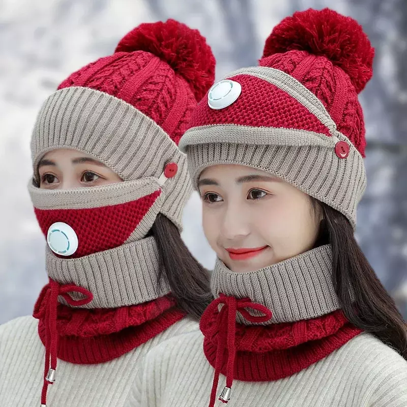 Syal wanita musim dingin, aksesori perempuan pelindung wajah kerah masker, topi rajut bola luar ruangan untuk wanita dewasa