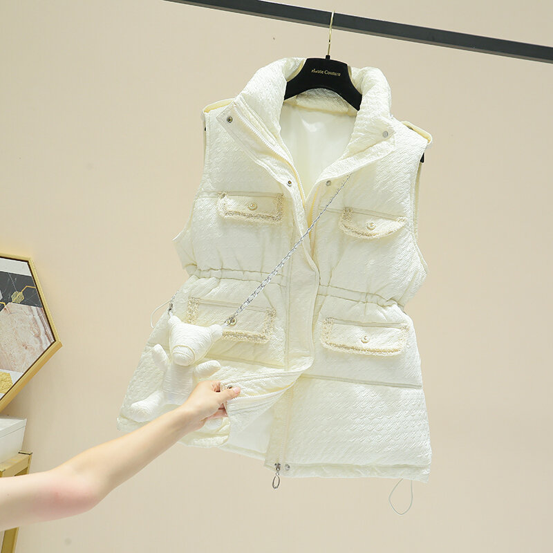 Women Winter Vest Down Cotton Warm Leisure Loose Sleeveless Stand Collar Multi Pockets Show Thin Versatile Fashion Gilet