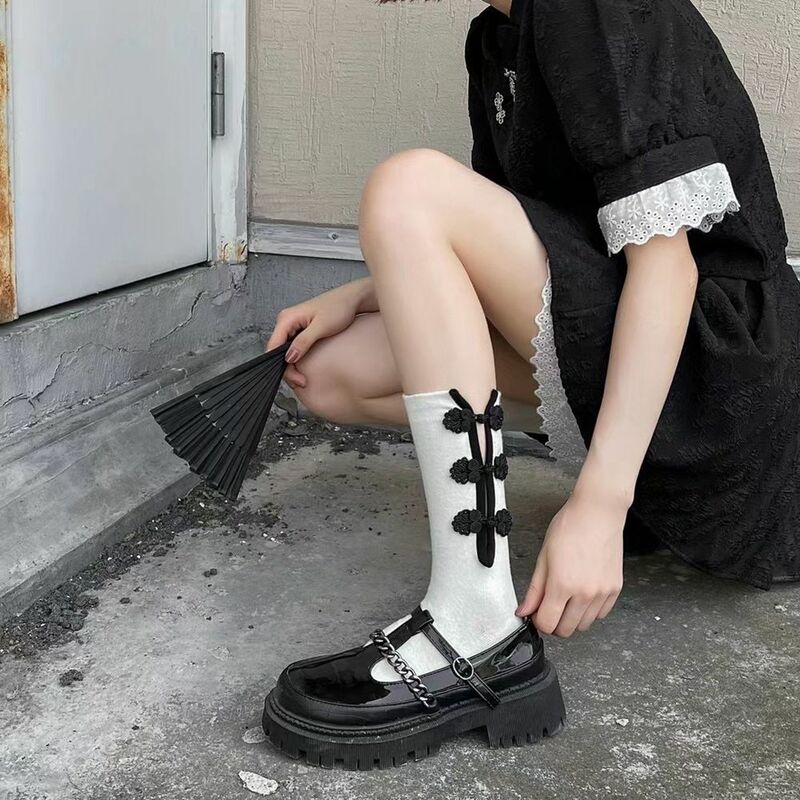 Meias bordadas estilo chinês para mulheres, meias de algodão femininas, meias com tubo JK, fivela cheongsam, outono e inverno