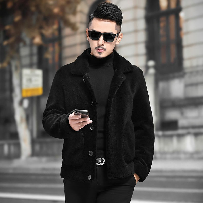 Moda 2022 inverno dos homens coreano genuíno casacos de pele de cordeiro bolsos curtos dos homens casacos de lapela casacos de pele de carneiro masculino n06