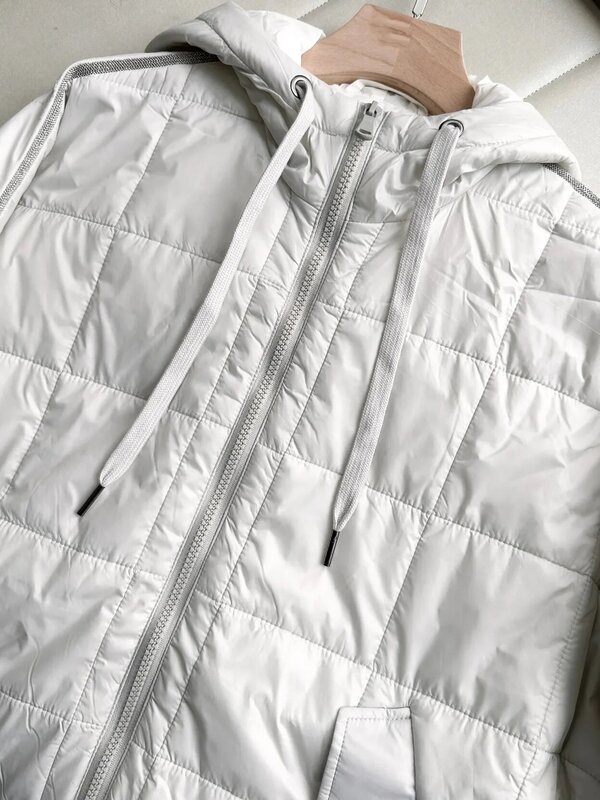 Hooded Jacket for Women 2023 New Winter Cotton Blend Bead Chain Irregular Zipper Casual Fashion Warm Long Coat