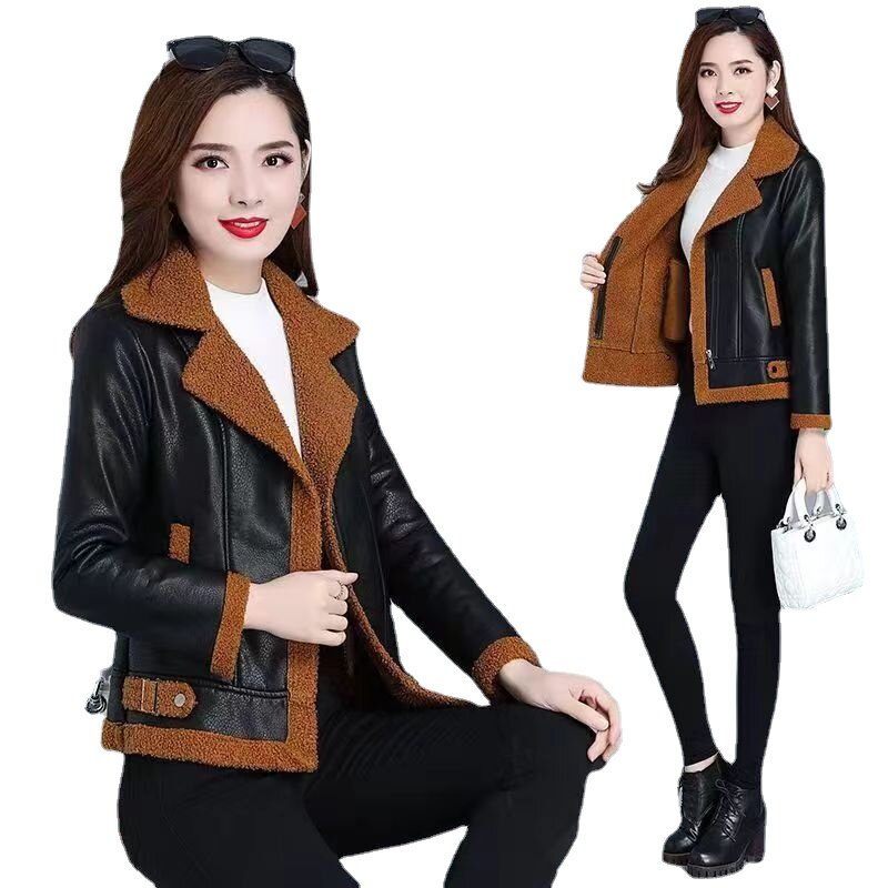 2023 Korean Fashion Lamb Wool Coats Women Streetwear Faux Fur leather Jacket Woman Autumn Winter Thick Warm Plush PU Coat traf