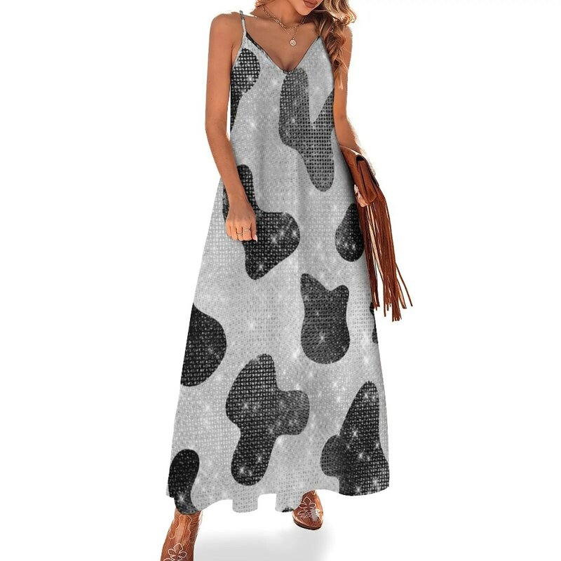 Женское блестящее платье без рукавов, черное блестящее вечернее платье с коровьим принтом, лето 2023