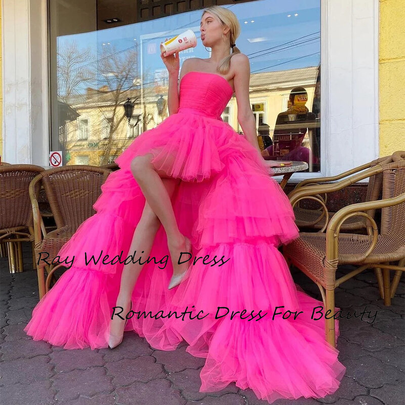 Charming A Line Prom Dress Tulle High Low Strapless Tiered Ruffle Sleeveless With Sweep Train For Formal Party Prom Gowns
