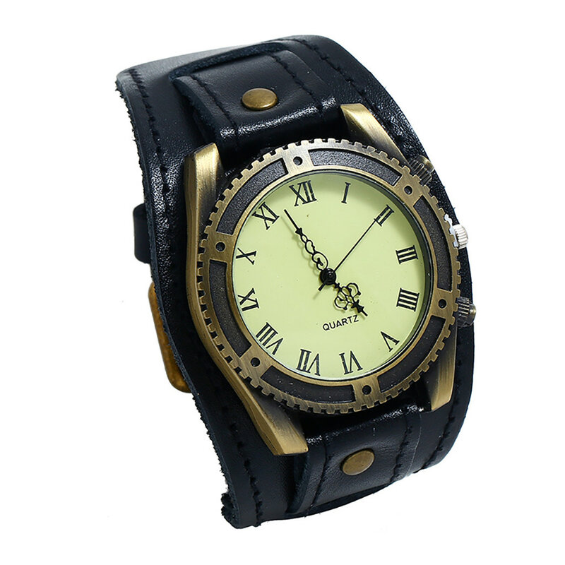 Jam tangan pria Punk, jam tangan pria kasual, gelang kulit, gesper Pin, mode Retro, jam tangan Quartz angka Romawi, jam tangan pria