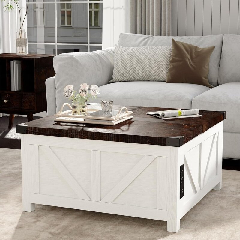 (Spring Sale) Coffee Table, Lifted Top with Storage, Solid Wood Table with Charging Station and USB Port, Coffee Table