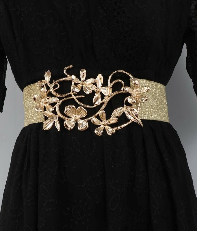 Женский модный эластичный корсет с цветочной пряжкой, женский пояс, пальто, пояс, платье, декоративный широкий пояс J030 cinturon, черный