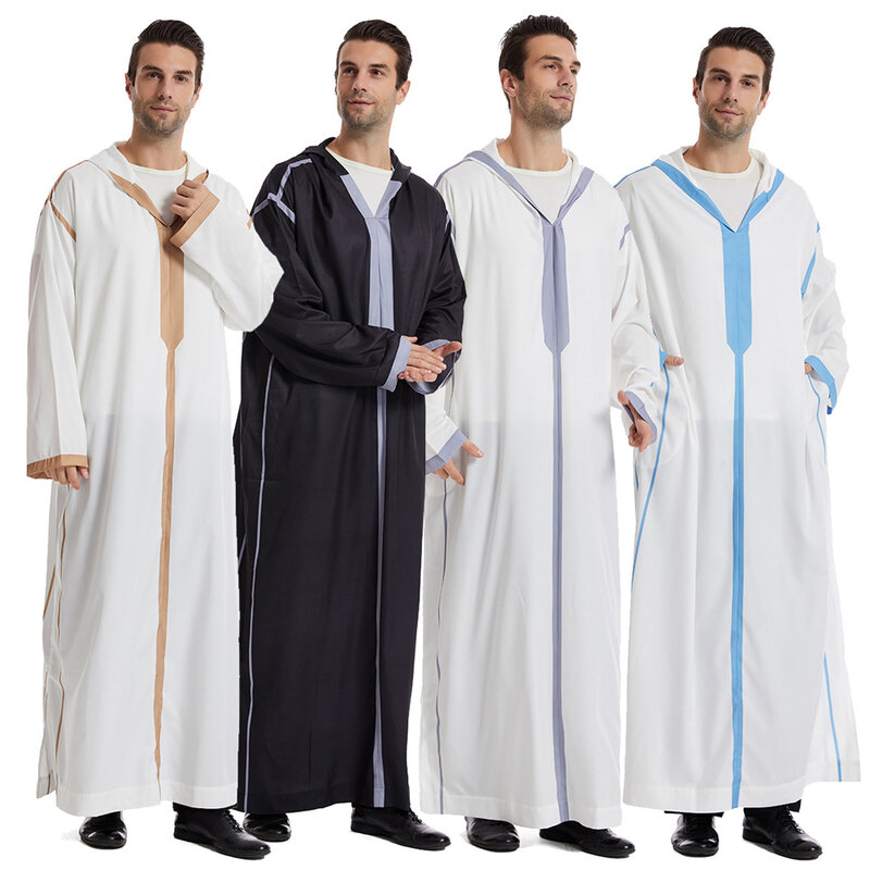 Ramadan Muslim Men Long Sleeve Hooded Maxi Dress Jubba Thobe Islamic Clothing Saudi Arabic Robe Middle East Caftan Abaya Thoub