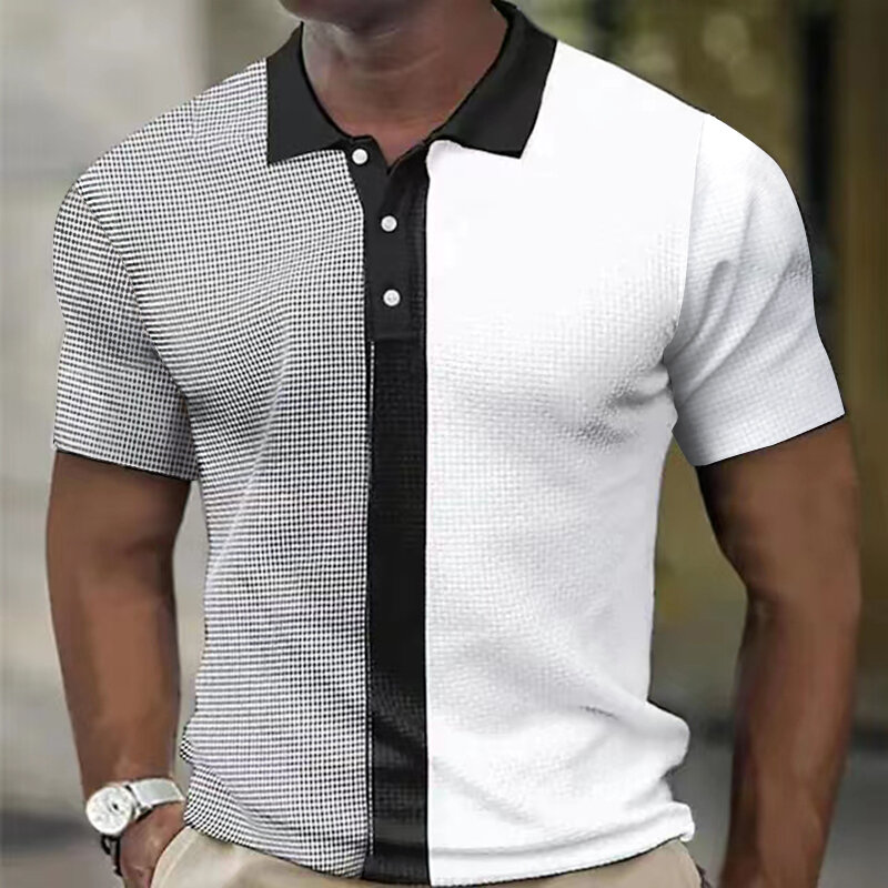Polo nowe męskie patchworkowy w stylu Casual Color block koszulki Polo Top skręcić w dół kołnierz bluzka z guzikami mężczyźni lato koszulki z krótkim rękawem