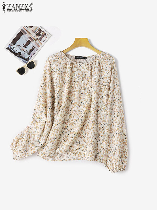 ZANZEA-Blusa de manga larga abombada para mujer, camisa de gran tamaño con estampado de flores, estilo bohemio, Túnica de cuello redondo, Estilo Vintage, ideal para vacaciones