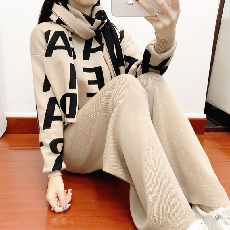 Зимний плотный вязаный комплект из двух предметов, женский теплый пуловер с круглым вырезом + широкие брюки, свитер с надписью T12