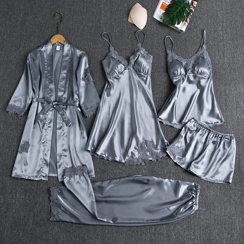 Conjunto de pijama de seda para mujer, ropa de dormir Sexy de cinco piezas con almohadillas en el pecho, alta calidad, primavera y verano, novedad de 2024