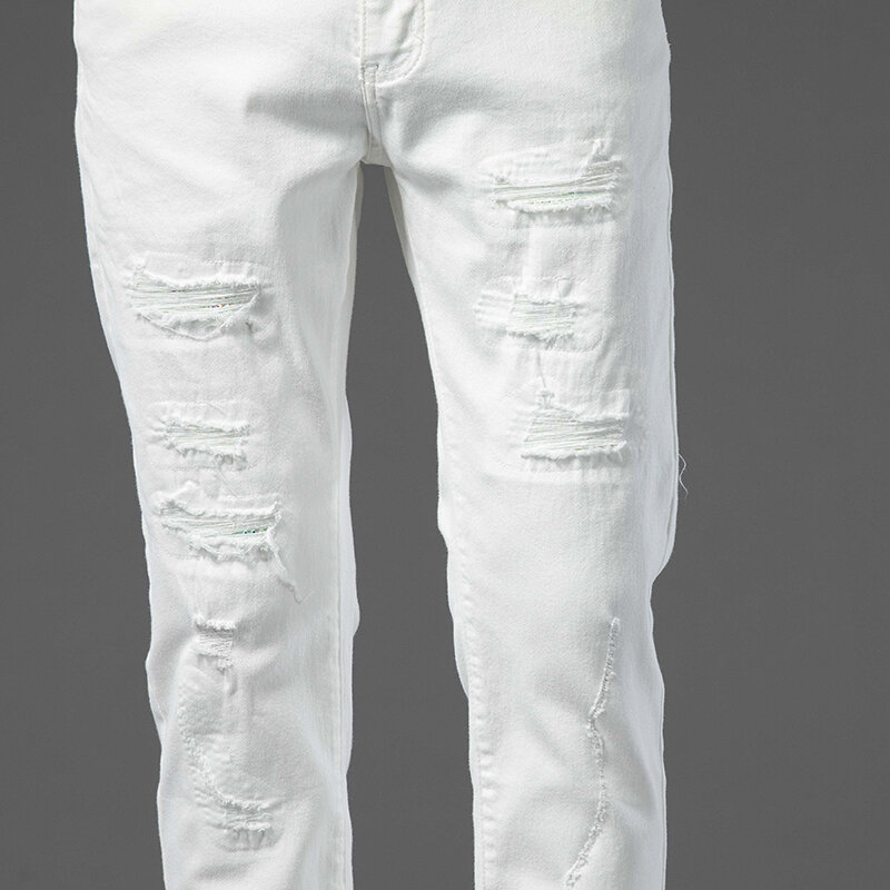 Pantalones vaqueros elásticos ajustados para hombre, pantalones de mezclilla de algodón elástico de moda de estilo clásico informal de negocios, pantalones de vaquero blancos puros